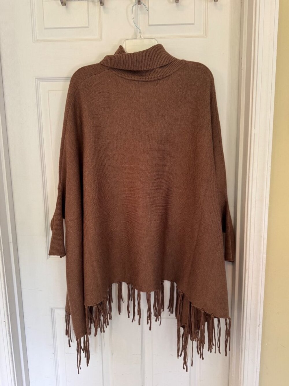Magaschoni Poncho Sweater Brown Turtleneck Dolman Sleeve Fringe Hemline Knit L - Picture 8 of 11